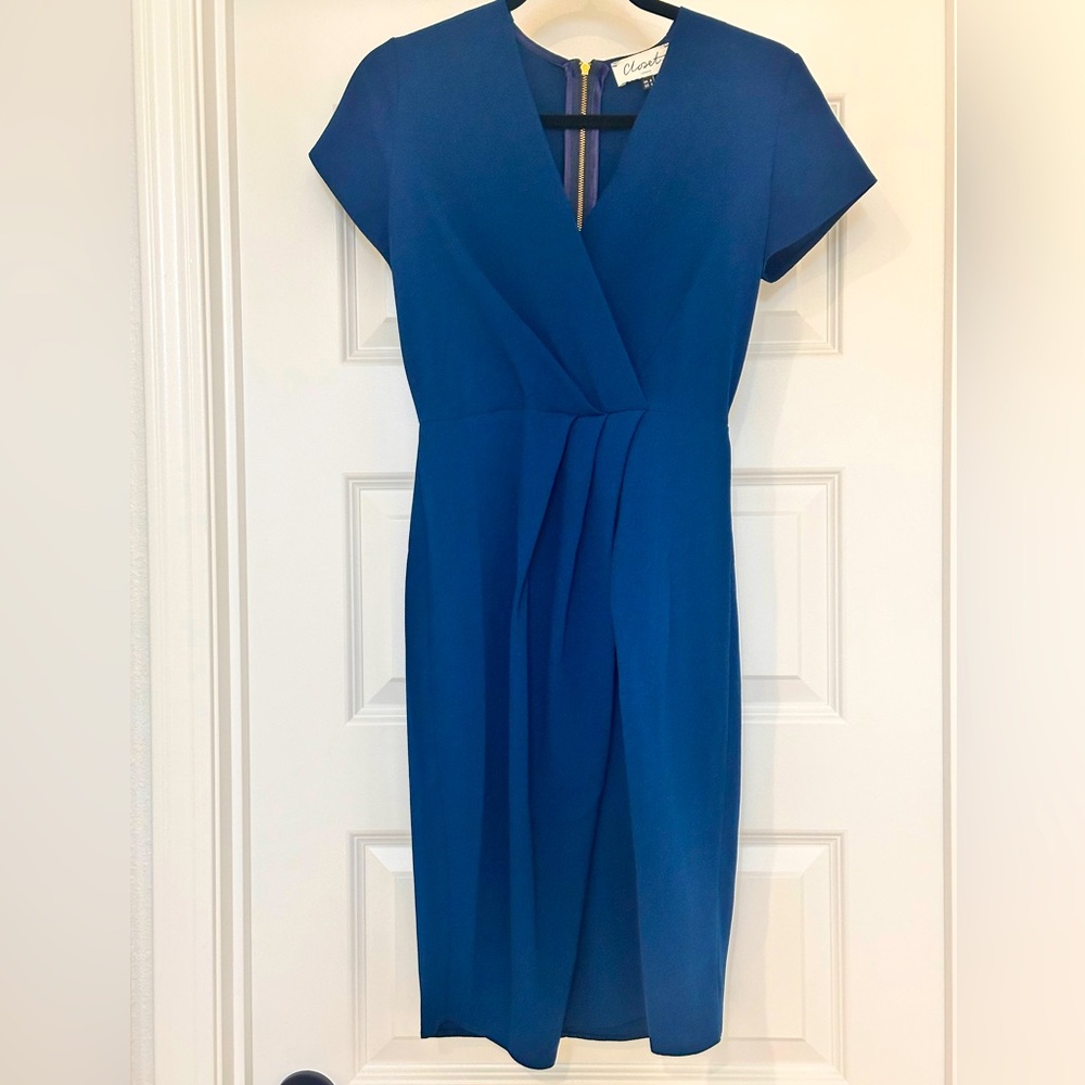 Closet London Women's size 4 Cap Sleeve Wrap Mini Pencil Dress Navy Blue